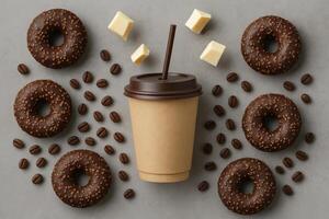 Delightful Chocolate Donuts and Coffee Create a Perfect Snack Moment in a Cozy Setting photo