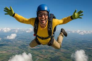 Skydiver Joyfully Soaring Through the Air Above Scenic Countryside Landscapes photo
