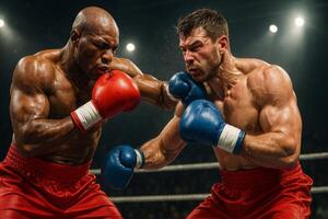 Two Boxers Engage in an Intense Match During a Championship Bout in a Packed Arena photo