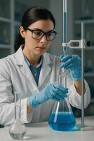 Scientist Conducts Experiment in Laboratory With Blue Liquid in Glassware and Precise Equipment photo