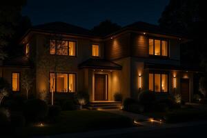 Elegant Modern House Illuminated at Night With Warm Lighting in a Serene Neighborhood photo