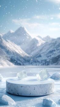 Snowy Mountain Landscape With Ice Blocks on Round Platform Near Frozen Lake at Dusk photo