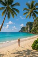 Woman Walks Along a Tranquil Beach Surrounded by Palm Trees and Cliffs at Midday photo