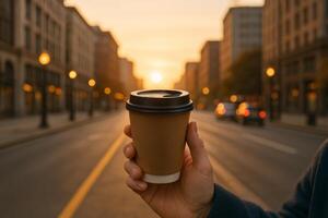 Warm Coffee Cup Held in Hand With Sunset Over City Street in Autumn photo