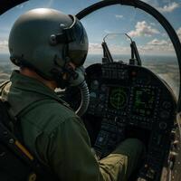 Pilot Operates Advanced Aircraft With High-Tech Cockpit Controls During Flight Mission photo
