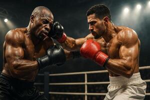 Two Boxers Compete in an Intense Match in a Dimly Lit Arena With a Cheering Crowd photo
