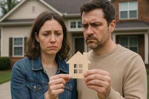 Concerned Couple Evaluates Their Future While Holding a Miniature House in Front of Their Home photo