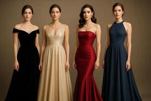 Elegant Evening Wear Showcased by Four Models in Stylish Gowns Against a Neutral Background photo