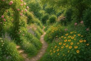 Serene Garden Path Winding Through Vibrant Flowers and Lush Greenery in Early Summer photo