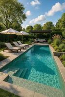 Luxurious Backyard Pool Area With Lounge Chairs Under Umbrellas During Sunny Afternoon photo