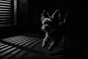 Dog Jumping in Low Light With Shadow Patterns Creating a Dramatic Effect on the Floor photo