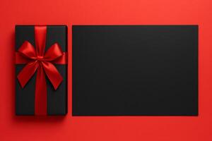 Elegant Black Gift Box With Red Ribbon on a Vibrant Red Background for Festive Celebrations photo