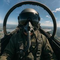 Pilot in Cockpit Flying Fighter Jet Over Landscape During Clear Day photo