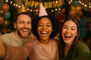 Joyful Friends Celebrate a Birthday With Laughter and Party Hats in a Festive Atmosphere photo