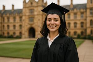 University Graduate Smiles Proudly in Front of Historic Building During Graduation Ceremony photo