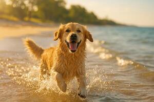 Golden Retriever Happily Splashing in Shallow Water at Sunset by the Beach photo