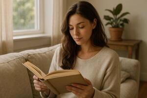 Reading a Book in a Cozy Living Room During a Quiet Afternoon photo