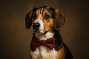 Beagle With a Bow Tie Poses Elegantly in a Studio Setting During Early Evening photo