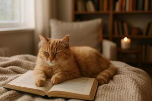 Cozy Orange Cat Resting on an Open Book in a Warm Room With Soft Lighting photo