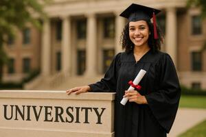 University Graduate Celebrates Achievement With Diploma Outdoors in Front of Campus photo