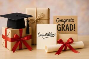regalos y decoraciones para graduación celebracion con birrete y saludo tarjetas en un mesa foto