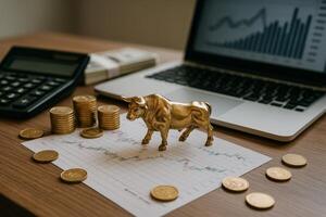 Golden Bull Figurine Represents Stock Market Growth on Desk With Laptop and Financial Charts photo