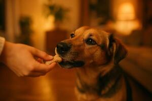 Sharing a Treat With a Dog in a Cozy Indoor Setting During the Evening photo