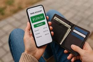 Bank Account Balance Displayed on Mobile Device While Person Holds Wallet With Cash photo