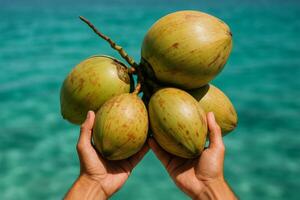 Fresh Green Coconuts Held Above Clear Blue Water in a Tropical Setting photo