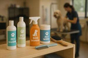 Grooming Supplies Arranged on a Shelf in a Pet Salon With a Dog Being Groomed in the Background photo