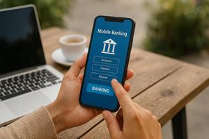 Mobile Banking in Action While Enjoying Coffee at a Cozy Outdoor Cafe photo