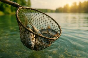 Caught Fish Displayed in a Fishing Net on a Tranquil Lake During Sunset photo
