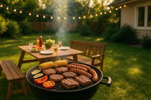Outdoor Barbecue Gathering With Grilled Food and Cozy Atmosphere in a Backyard Setting photo