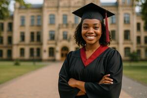 Graduating Student Proudly Stands on Campus Wearing Cap and Gown With a Joyful Expression photo