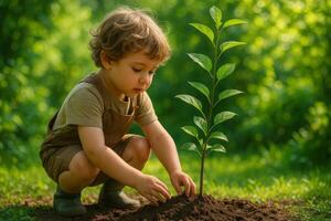 Young Child Planting a Small Tree in a Lush Green Garden During Daylight Hours photo