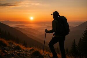 Hiker Enjoying Sunset Views on a Mountain Trail in the Early Evening photo
