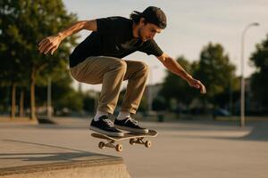 Skateboarder Performs a Trick at a Park During Golden Hour in Summer photo