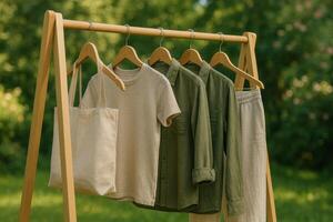 Stylish Clothing Display on Wooden Rack in Sunny Outdoor Park Setting Showcasing Green and Neutral Tones photo