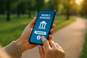 User Performs Mobile Banking Transaction in the Park During Golden Hour photo