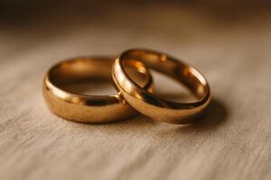 Beautiful Gold Wedding Bands Resting on a Soft Fabric Background in Warm Light photo
