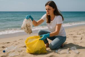 Woman Collects Trash From Beach While Promoting Environmental Awareness and Community Clean-Up Efforts photo