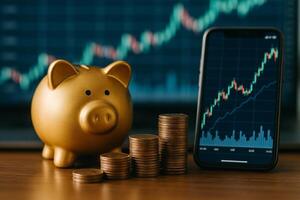 Golden Piggy Bank and Smartphone With Growing Stock Chart on Wooden Table at Financial Office photo