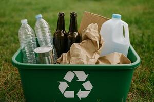 Recycling Bin Filled With Various Materials in a Green Outdoor Environment During Daytime photo