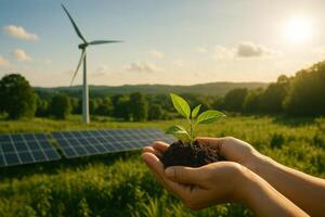 Hands Holding a Small Plant With Solar Panels and Wind Turbines in a Green Landscape at Sunset photo