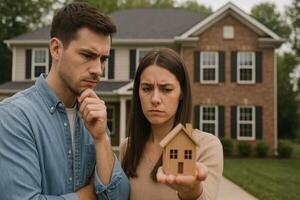 Couple Discusses Financial Options for Buying a New Home in Front of a House photo
