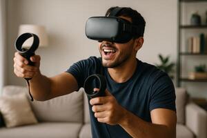 Excited Young Man Experiences Virtual Reality in Modern Home Setting photo