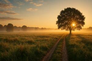 Morning Sunlight Breaks Through Trees in a Tranquil Meadow Landscape With a Dirt Path photo