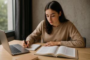 Student Studying at a Wooden Desk With a Laptop, Books, and a Notebook Near a Window photo