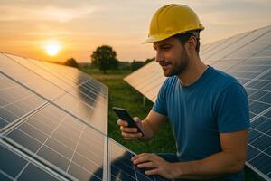 Solar Energy Technician Using Smartphone at Solar Farm During Sunset photo