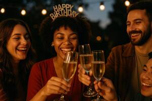Celebration of Friendship and Joy During a Birthday Toast at an Evening Gathering photo